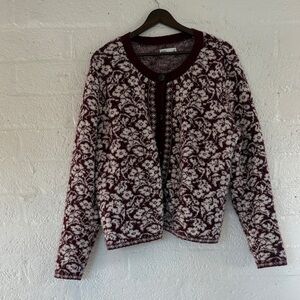 Floral Knit Cardigan Sweater - Burgundy and Cream